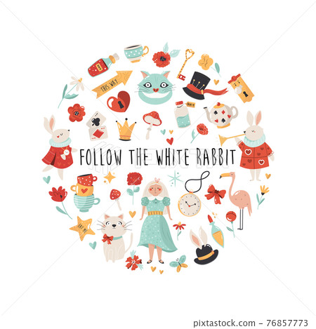 Colorful compositions with characters, symbols of Alice in Wonderland. Vector design, illustration 76857773
