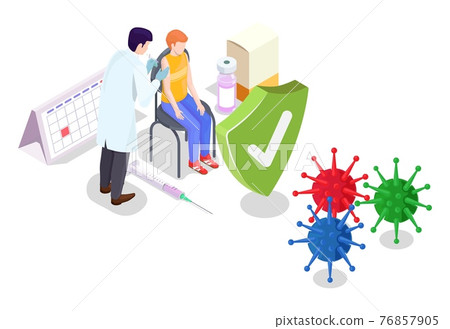 Covid coronavirus vaccination concept vector illustration isometric style. Covid-19 vaccine. Doctor makes an injection of flu vaccine to kid in hospital. People immunity and virus protection Covid coronavirus vaccination concept vector illustration isometric style. Covid-19 vaccine. Doctor makes an injection of flu vaccine to kid in hospital. People immunity and virus protection 76857905