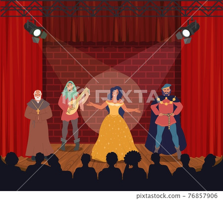 Theatrical performance. Actors performing on stage, vector illustration. Comedy, drama. Entertainment. Theatre arts. Theatrical performance. Actors performing on stage, vector illustration. Comedy, drama. Entertainment. Theatre arts. 76857906