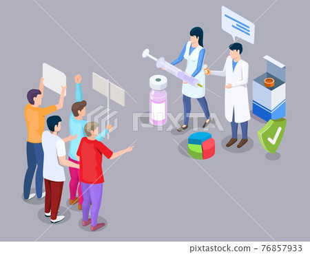 Anti-vaccine protest concept vector illustration in 3d isometric style. Anti vax movement. People protesting against mandatory vaccination and doctors with syringe 76857933