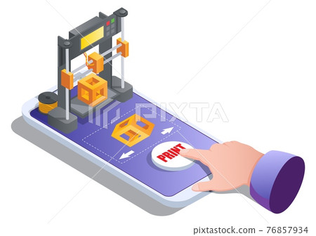 Isometric 3d printer building cube on mobile screen. 3D printing service for on demand manufacturing vector illustration 76857934
