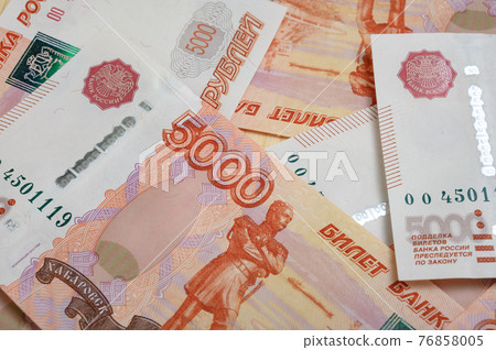 5000 rubles background. Russian banknotes at different angles. 5000 rubles background. Russian banknotes at different angles. 76858005