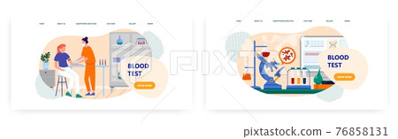 Blood test landing page design, website banner vector template set. Medical professional drawing blood from patient vein 76858131
