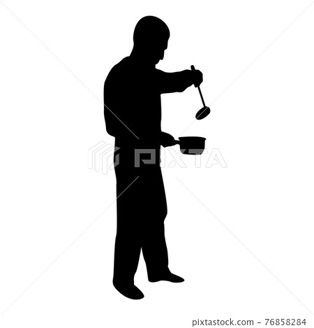 Silhouette man with saucepan scoop ladle kitchen Silhouette man with saucepan scoop ladle kitchen 76858284