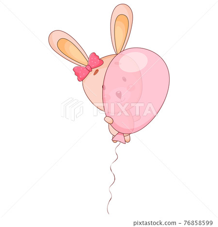 Cute baby bunny fying with pink balloon.  76858599