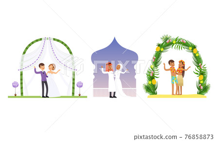 Wedding Arches Set, Newlywed Couples at Marriage Ceremony Cartoon Vector Illustration Wedding Arches Set, Newlywed Couples at Marriage Ceremony Cartoon Vector Illustration 76858873
