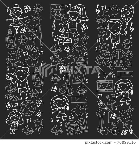 Vector pattern with boys and girls. Kindergarten and toys. Happy childhood and creativity with imagitanion. Vector pattern with boys and girls. Kindergarten and toys. Happy childhood and creativity with imagitanion. 76859110