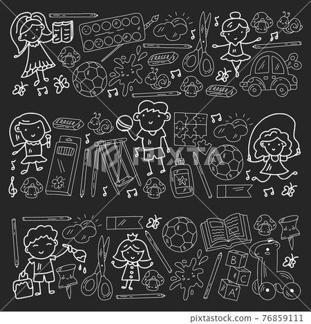 Vector pattern with boys and girls. Kindergarten and toys. Happy childhood and creativity with imagitanion. Vector pattern with boys and girls. Kindergarten and toys. Happy childhood and creativity with imagitanion. 76859111