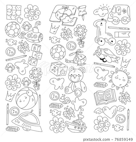 Vector pattern with boys and girls. Kindergarten and toys. Happy childhood and creativity with imagitanion. 76859149