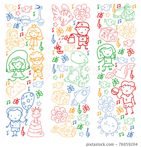 Vector pattern with boys and girls. Kindergarten and toys. Happy childhood and creativity with imagitanion. Vector pattern with boys and girls. Kindergarten and toys. Happy childhood and creativity with imagitanion. 76859204