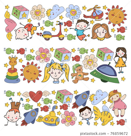 Vector pattern with boys and girls. Kindergarten and toys. Happy childhood and creativity with imagitanion. 76859672