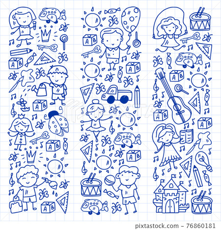 Vector pattern with little children. Kindergarten. Imagination. Creativity. Play. Vector pattern with little children. Kindergarten. Imagination. Creativity. Play. 76860181