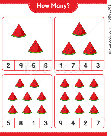 Counting game, how many Watermelon. Educational children game, printable worksheet, vector illustration Counting game, how many Watermelon. Educational children game, printable worksheet, vector illustration 76862301