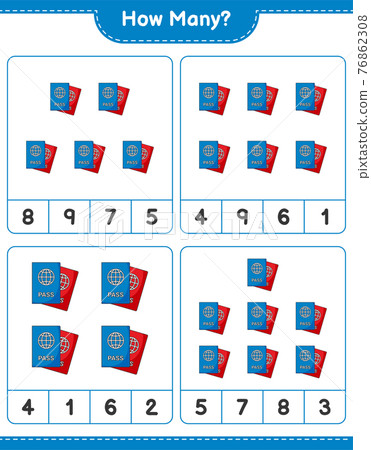Counting game, how many Passport. Educational children game, printable worksheet, vector illustration 76862308