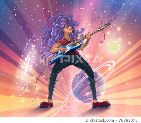 Guitarist on stage with a guitar on space background with planets, galaxies and stars. Music player with instrument on a concert, retro party or disco. High detailed vector illustration with musician. Guitarist on stage with a guitar on space background with planets, galaxies and stars. Music player with instrument on a concert, retro party or disco. High detailed vector illustration with musician. 76865073