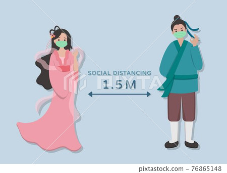 亞洲東方中國的情人節:七夕,牛郎與織女傳說人物保持社交距離,卡通漫畫向量人物 76865148