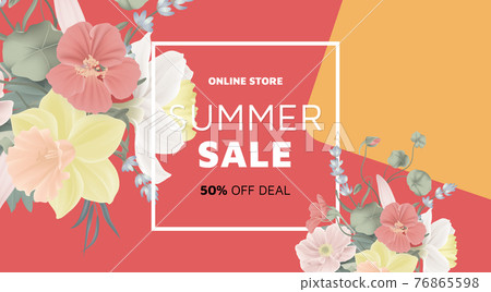 Floral summer sale banner template design, bouquets of daffodils, red Tropaeolum, lavenders, anemone 76865598