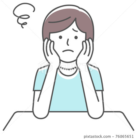 Young woman / mother who is worried / thinking about wearing a cheek stick Vector illustration of the upper body 76865651