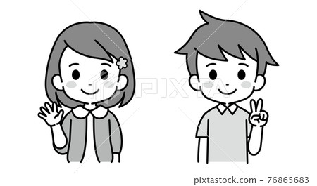 女孩和男孩單調黑白插圖素材 女孩和男孩單調黑白插圖素材 76865683