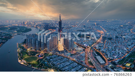 Top view of Ho Chi Minh City and Landmark 81 in the beautiful sunset 76866263