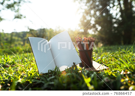 Pencil case and notebook placed in natural grass Pencil case and notebook placed in natural grass 76866457
