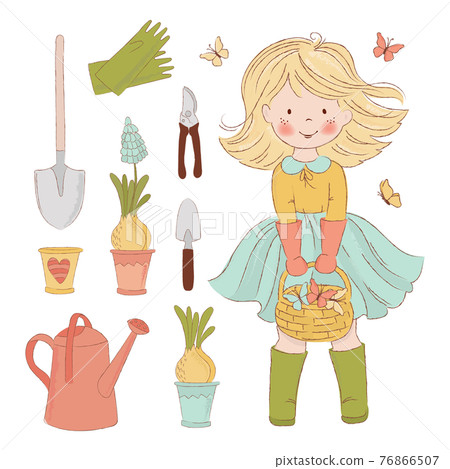 GARDENING JOY Spring Season Girl Care Accessories Holiday Cartoon Hand Drawn Vector Illustration Clip Art Set For Print 76866507