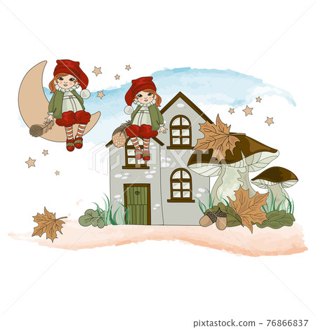 FOREST LEPRECHAUN Autumn Nature Cartoon Clip Art Vector Illustration Set For Print 76866837