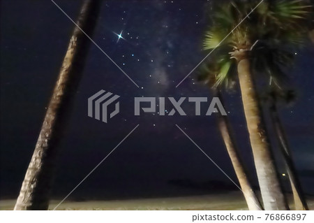 奄美大島海岸美麗的星空和棕櫚樹 奄美大島海岸美麗的星空和棕櫚樹 76866897