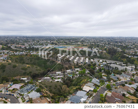 Aerial view of Balboa neighborhood with houses and residential condos in San Diego 76867431