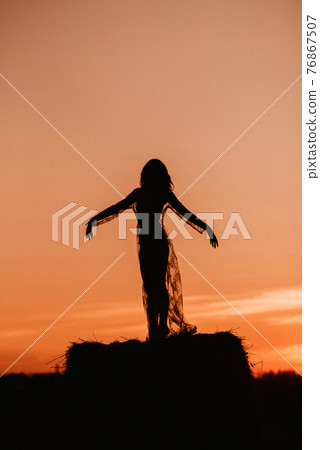 Silhouette of a sexy girl in a transparent dress in summer at sunset in a field Silhouette of a sexy girl in a transparent dress in summer at sunset in a field 76867507