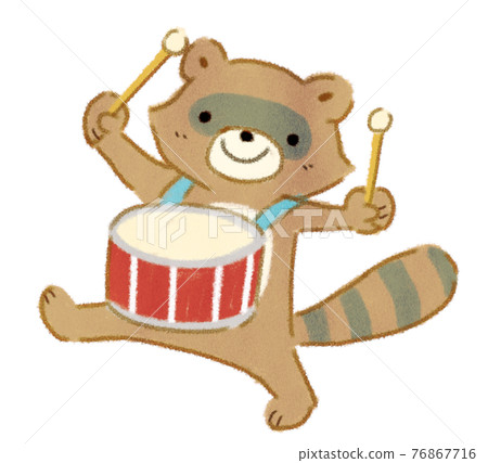 Illustration of a raccoon dog hitting the drum of a nursery rhyme musician 76867716