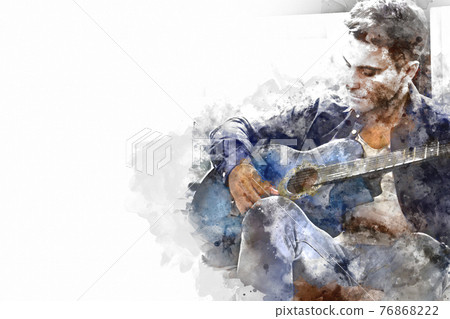 Man guitarist playing acoustic guitar in the foreground on Watercolor painting background and Digital illustration brush to art. Man guitarist playing acoustic guitar in the foreground on Watercolor painting background and Digital illustration brush to art. 76868222