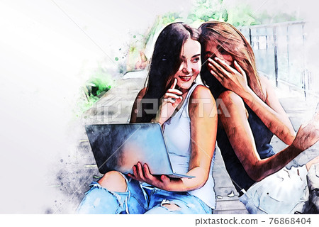 Beautiful two women gossip talking and relaxation in park. Beautiful two women gossip talking and relaxation in park. 76868404