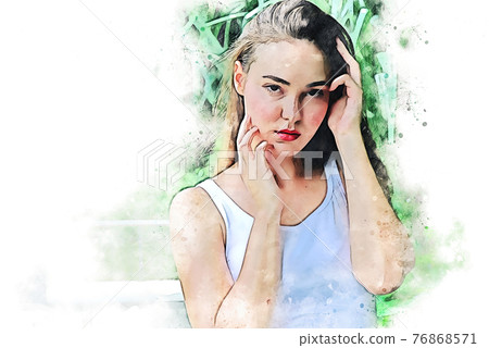 Beautiful girl traveling and holding smart tablet device on watercolor illustration painting background. Beautiful girl traveling and holding smart tablet device on watercolor illustration painting background. 76868571