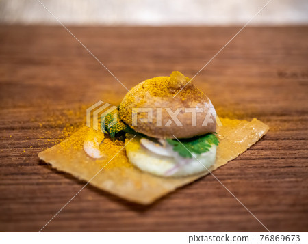 Applied chicken satay serve in one bite in fine dining cuisine restaurant, selective focus Applied chicken satay serve in one bite in fine dining cuisine restaurant, selective focus 76869673