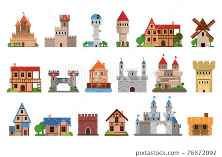 Medieval Historical Buildings and Old European Architecture Vector Set 76872092