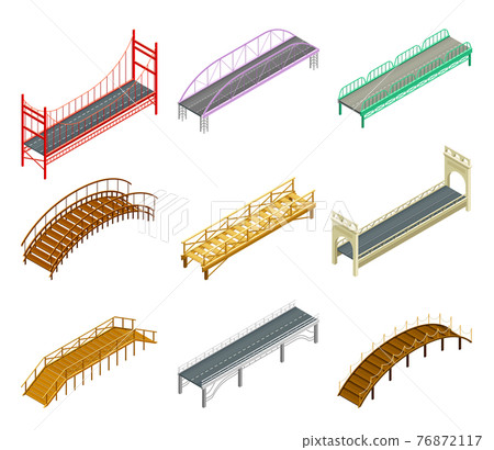 Fixed Bridges Made of Wood or Metal with Beam and Arch Bridge Isometric Vector Set Fixed Bridges Made of Wood or Metal with Beam and Arch Bridge Isometric Vector Set 76872117