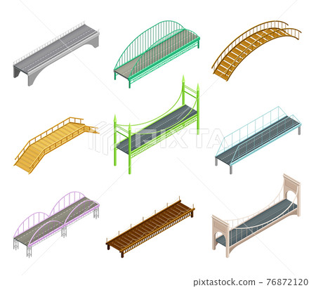 Fixed Bridges Made of Wood or Metal with Beam and Arch Bridge Isometric Vector Set Fixed Bridges Made of Wood or Metal with Beam and Arch Bridge Isometric Vector Set 76872120