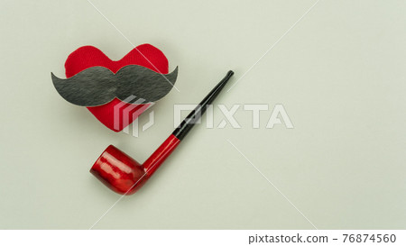 Table top view Happy Fathers day holiday background concept.Flat lay  accessories objects sign of season on  rustic grey paper at home office desk.copy space. Smoking Cigarette red heart mustache. 76874560
