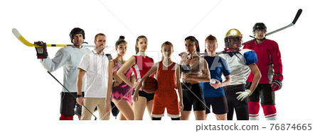 Collage of different professional sportsmen, fit people in action and motion isolated on white background. Flyer. Collage of different professional sportsmen, fit people in action and motion isolated on white background. Flyer. 76874665