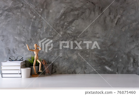 Work space Mock up white tabletop with books, vintage camera and pencils on white wood desk with copy space for products display montage 76875460