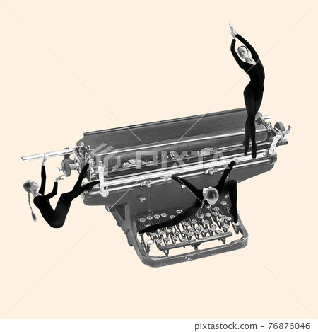 Contemporary art collage, modern design. Retro style. Tender ballet dancers on old-fashioned typewriter on yellow background 76876046