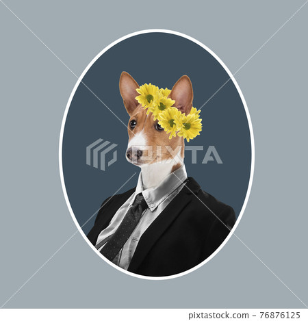 Contemporary art collage, modern design. Retro style. Medival styled portrait of dog in office suit with flowers on head on gray background 76876125
