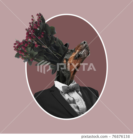 Contemporary art collage, modern design. Retro style. Medival styled portrait of dog in office suit with flowers on head on brown background 76876138
