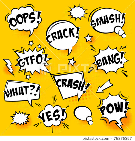 Comic speech bubbles with halftone shadows and text on yellow background. Hand drawn retro cartoon stickers. Pop art style. Vector illustration. Comic speech bubbles with halftone shadows and text on yellow background. Hand drawn retro cartoon stickers. Pop art style. Vector illustration. 76876597