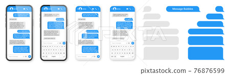 Realistic smartphone with messaging app. Blank SMS text frame. Messenger chat screen with blue message bubbles. Social media application. Vector illustration. 76876599