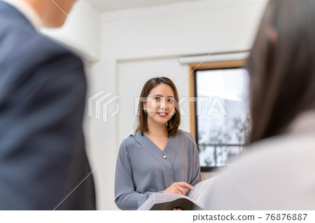 Business women office social distance standing talk 76876887
