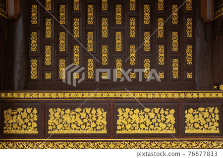 Teakwood wall in Tesdhammanava temple. Teakwood wall in Tesdhammanava temple. 76877813