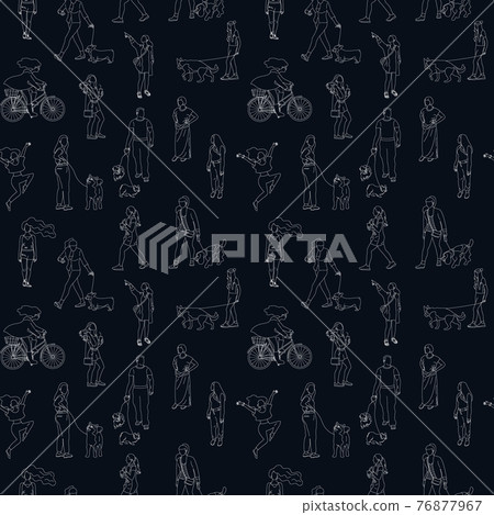 Black and white monochrome seamless pattern with many walking and standing people in summer clothes. Line art Black and white monochrome seamless pattern with many walking and standing people in summer clothes. Line art 76877967