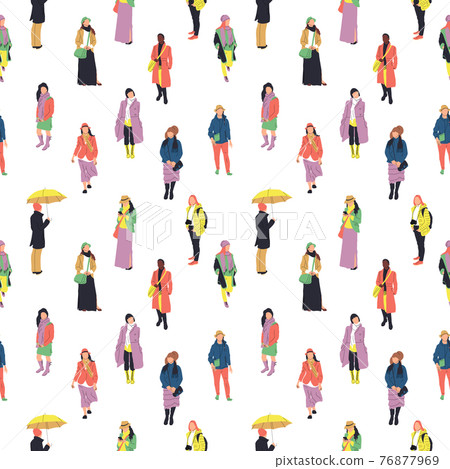 Colorful seamless pattern with silhouettes of many walking and standing people in warm clothes. Colorful seamless pattern with silhouettes of many walking and standing people in warm clothes. 76877969